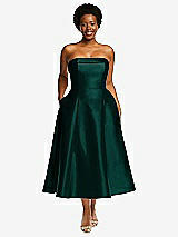 Alt View 1 Thumbnail - Evergreen Cuffed Strapless Satin Twill Midi Dress with Full Skirt and Pockets