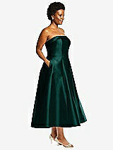 Alt View 3 Thumbnail - Evergreen Cuffed Strapless Satin Twill Midi Dress with Full Skirt and Pockets