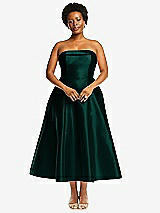 Alt View 4 Thumbnail - Evergreen Cuffed Strapless Satin Twill Midi Dress with Full Skirt and Pockets