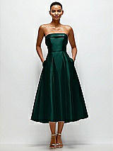 Front View Thumbnail - Evergreen Cuffed Strapless Satin Twill Midi Dress with Full Skirt and Pockets