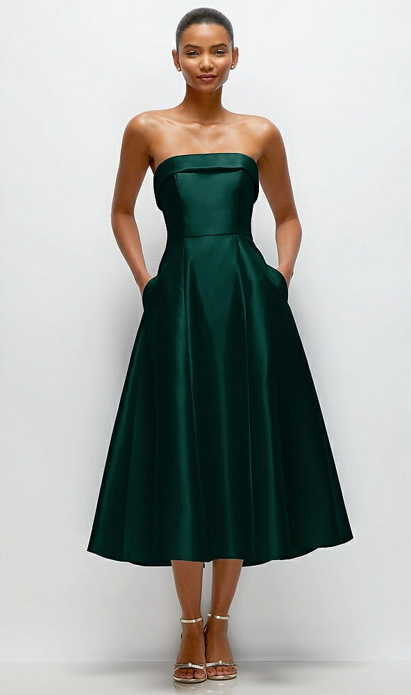 Front View - Evergreen Cuffed Strapless Satin Twill Midi Dress with Full Skirt and Pockets