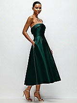 Rear View Thumbnail - Evergreen Cuffed Strapless Satin Twill Midi Dress with Full Skirt and Pockets