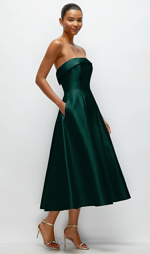 Back View - Evergreen Cuffed Strapless Satin Twill Midi Dress with Full Skirt and Pockets