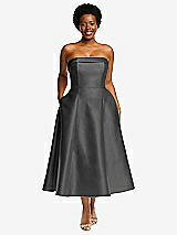 Alt View 1 Thumbnail - Gunmetal Cuffed Strapless Satin Twill Midi Dress with Full Skirt and Pockets