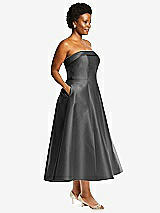 Alt View 3 Thumbnail - Gunmetal Cuffed Strapless Satin Twill Midi Dress with Full Skirt and Pockets