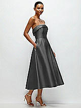 Rear View Thumbnail - Gunmetal Cuffed Strapless Satin Twill Midi Dress with Full Skirt and Pockets