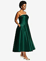 Alt View 3 Thumbnail - Hunter Green Cuffed Strapless Satin Twill Midi Dress with Full Skirt and Pockets