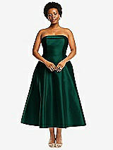 Alt View 4 Thumbnail - Hunter Green Cuffed Strapless Satin Twill Midi Dress with Full Skirt and Pockets