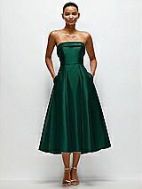 Front View Thumbnail - Hunter Green Cuffed Strapless Satin Twill Midi Dress with Full Skirt and Pockets