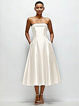 Front View Thumbnail - Ivory Cuffed Strapless Satin Twill Midi Dress with Full Skirt and Pockets