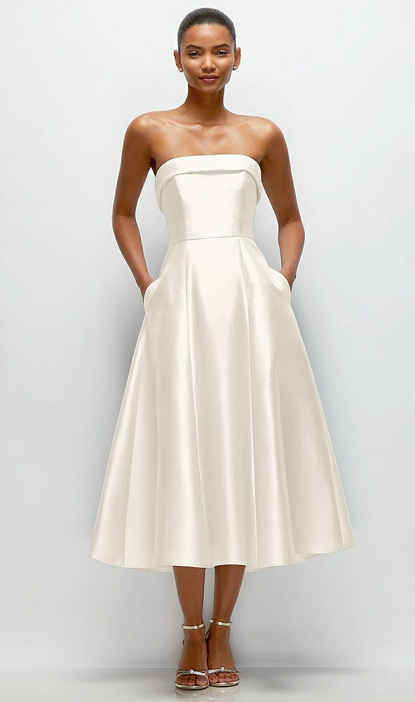 Front View - Ivory Cuffed Strapless Satin Twill Midi Dress with Full Skirt and Pockets