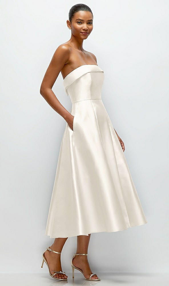 Back View - Ivory Cuffed Strapless Satin Twill Midi Dress with Full Skirt and Pockets