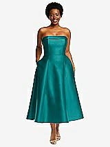 Alt View 1 Thumbnail - Jade Cuffed Strapless Satin Twill Midi Dress with Full Skirt and Pockets