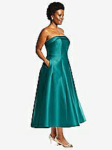 Alt View 3 Thumbnail - Jade Cuffed Strapless Satin Twill Midi Dress with Full Skirt and Pockets