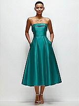 Front View Thumbnail - Jade Cuffed Strapless Satin Twill Midi Dress with Full Skirt and Pockets