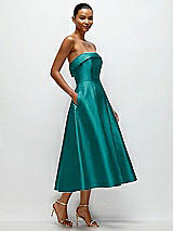 Rear View Thumbnail - Jade Cuffed Strapless Satin Twill Midi Dress with Full Skirt and Pockets