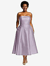 Alt View 1 Thumbnail - Lilac Haze Cuffed Strapless Satin Twill Midi Dress with Full Skirt and Pockets