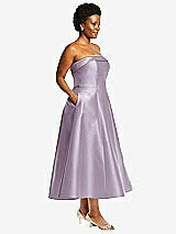 Alt View 3 Thumbnail - Lilac Haze Cuffed Strapless Satin Twill Midi Dress with Full Skirt and Pockets