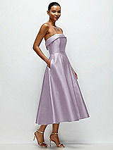 Rear View Thumbnail - Lilac Haze Cuffed Strapless Satin Twill Midi Dress with Full Skirt and Pockets