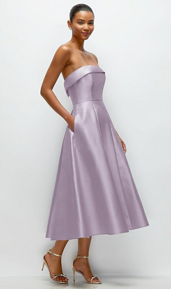 Back View - Lilac Haze Cuffed Strapless Satin Twill Midi Dress with Full Skirt and Pockets