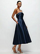 Rear View Thumbnail - Midnight Navy Cuffed Strapless Satin Twill Midi Dress with Full Skirt and Pockets