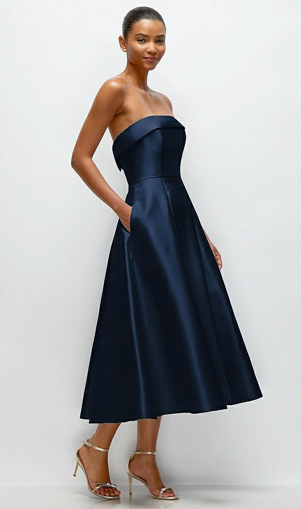 Back View - Midnight Navy Cuffed Strapless Satin Twill Midi Dress with Full Skirt and Pockets