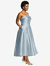 Alt View 3 Thumbnail - Mist Cuffed Strapless Satin Twill Midi Dress with Full Skirt and Pockets