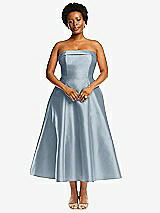 Alt View 4 Thumbnail - Mist Cuffed Strapless Satin Twill Midi Dress with Full Skirt and Pockets