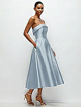 Rear View Thumbnail - Mist Cuffed Strapless Satin Twill Midi Dress with Full Skirt and Pockets