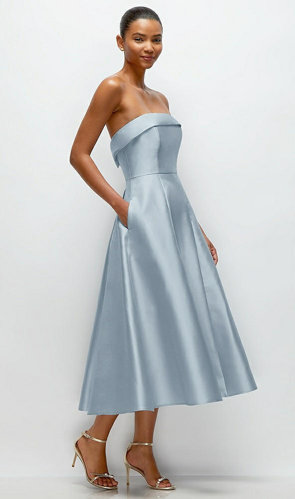 Back View - Mist Cuffed Strapless Satin Twill Midi Dress with Full Skirt and Pockets