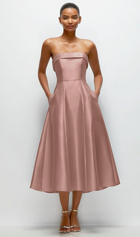 Front View - Neu Nude Cuffed Strapless Satin Twill Midi Dress with Full Skirt and Pockets