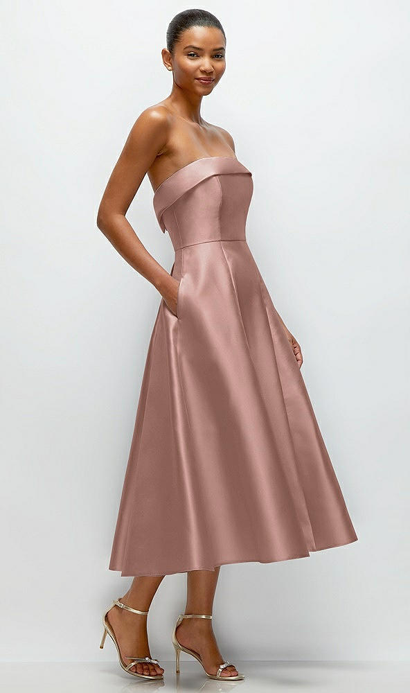 Back View - Neu Nude Cuffed Strapless Satin Twill Midi Dress with Full Skirt and Pockets