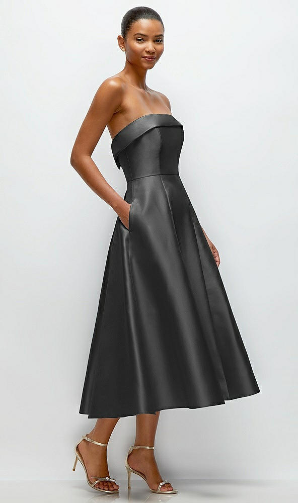 Back View - Pewter Cuffed Strapless Satin Twill Midi Dress with Full Skirt and Pockets