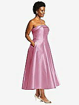 Alt View 3 Thumbnail - Powder Pink Cuffed Strapless Satin Twill Midi Dress with Full Skirt and Pockets