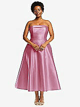 Alt View 4 Thumbnail - Powder Pink Cuffed Strapless Satin Twill Midi Dress with Full Skirt and Pockets