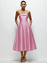 Front View Thumbnail - Powder Pink Cuffed Strapless Satin Twill Midi Dress with Full Skirt and Pockets