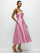 Rear View Thumbnail - Powder Pink Cuffed Strapless Satin Twill Midi Dress with Full Skirt and Pockets