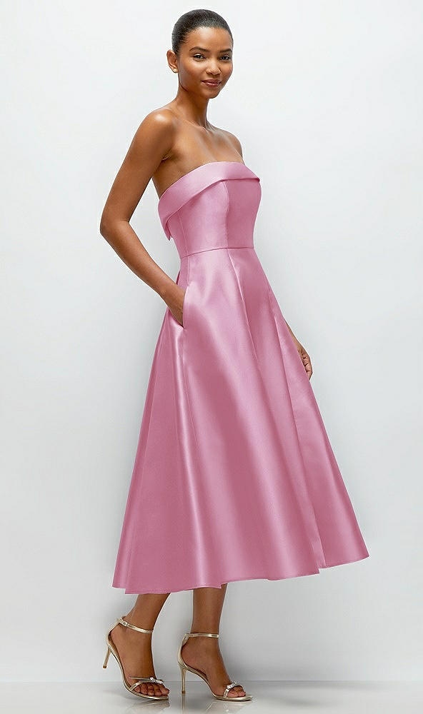 Back View - Powder Pink Cuffed Strapless Satin Twill Midi Dress with Full Skirt and Pockets