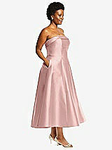 Alt View 3 Thumbnail - Rose - PANTONE Rose Quartz Cuffed Strapless Satin Twill Midi Dress with Full Skirt and Pockets