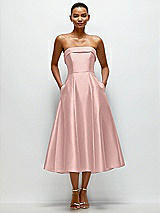 Front View Thumbnail - Rose - PANTONE Rose Quartz Cuffed Strapless Satin Twill Midi Dress with Full Skirt and Pockets