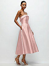 Rear View Thumbnail - Rose - PANTONE Rose Quartz Cuffed Strapless Satin Twill Midi Dress with Full Skirt and Pockets