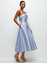 Rear View Thumbnail - Sky Blue Cuffed Strapless Satin Twill Midi Dress with Full Skirt and Pockets