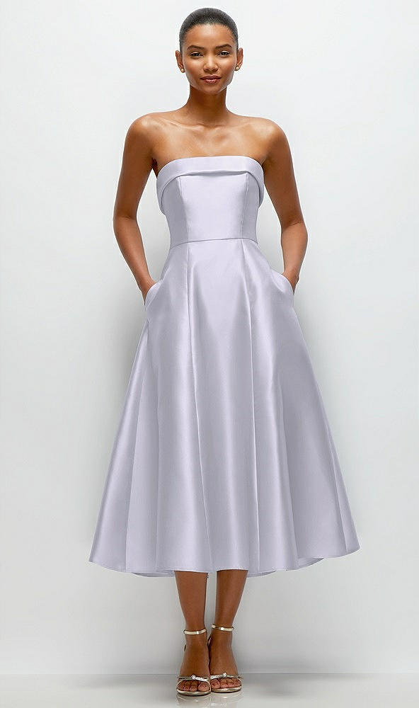 Front View - Silver Dove Cuffed Strapless Satin Twill Midi Dress with Full Skirt and Pockets