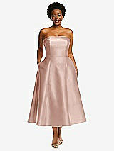 Alt View 1 Thumbnail - Toasted Sugar Cuffed Strapless Satin Twill Midi Dress with Full Skirt and Pockets