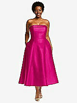 Alt View 1 Thumbnail - Think Pink Cuffed Strapless Satin Twill Midi Dress with Full Skirt and Pockets