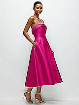 Rear View Thumbnail - Think Pink Cuffed Strapless Satin Twill Midi Dress with Full Skirt and Pockets