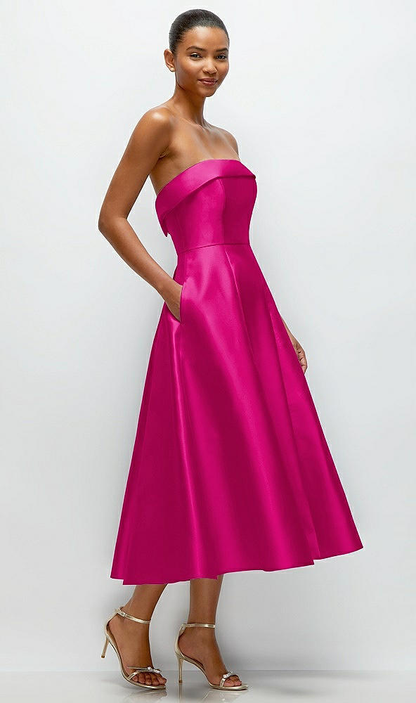 Back View - Think Pink Cuffed Strapless Satin Twill Midi Dress with Full Skirt and Pockets