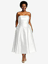 Alt View 1 Thumbnail - White Cuffed Strapless Satin Twill Midi Dress with Full Skirt and Pockets