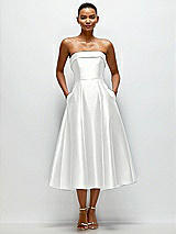 Front View Thumbnail - White Cuffed Strapless Satin Twill Midi Dress with Full Skirt and Pockets