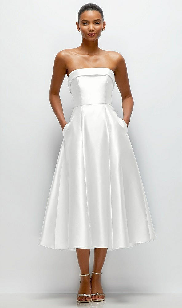 Front View - White Cuffed Strapless Satin Twill Midi Dress with Full Skirt and Pockets